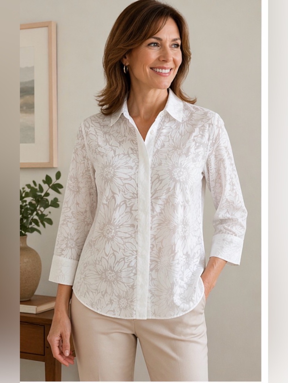 Talbots Petite 12 Sheer White Floral Blouse 3/4 Sleeve Button Front Top